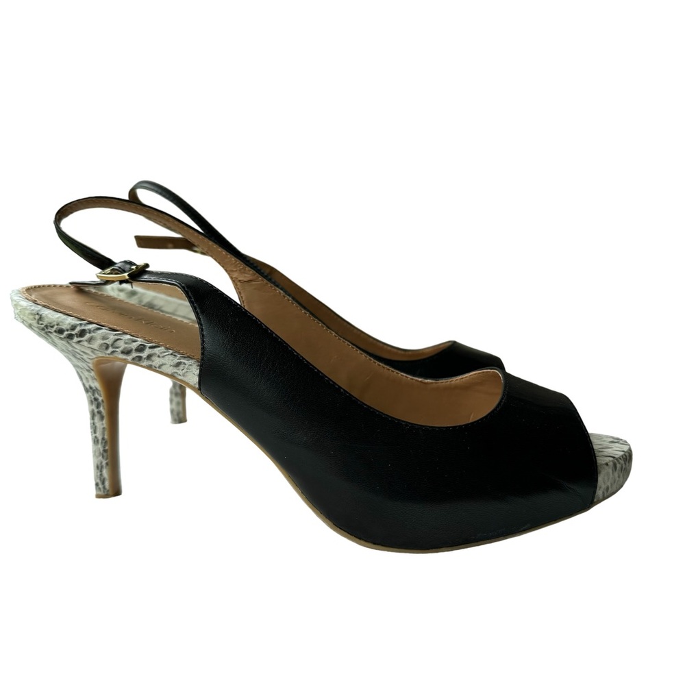 Calvin Klein Giny Black Snakeskin Peep Toe Slingback Heels